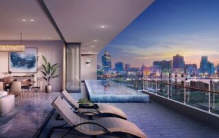 Khu vực thư giãn ngoài trời và hồ bơi nằm bên ngoài bức tường kính của biệt thự Pool Villa The River Thủ Thiêm.