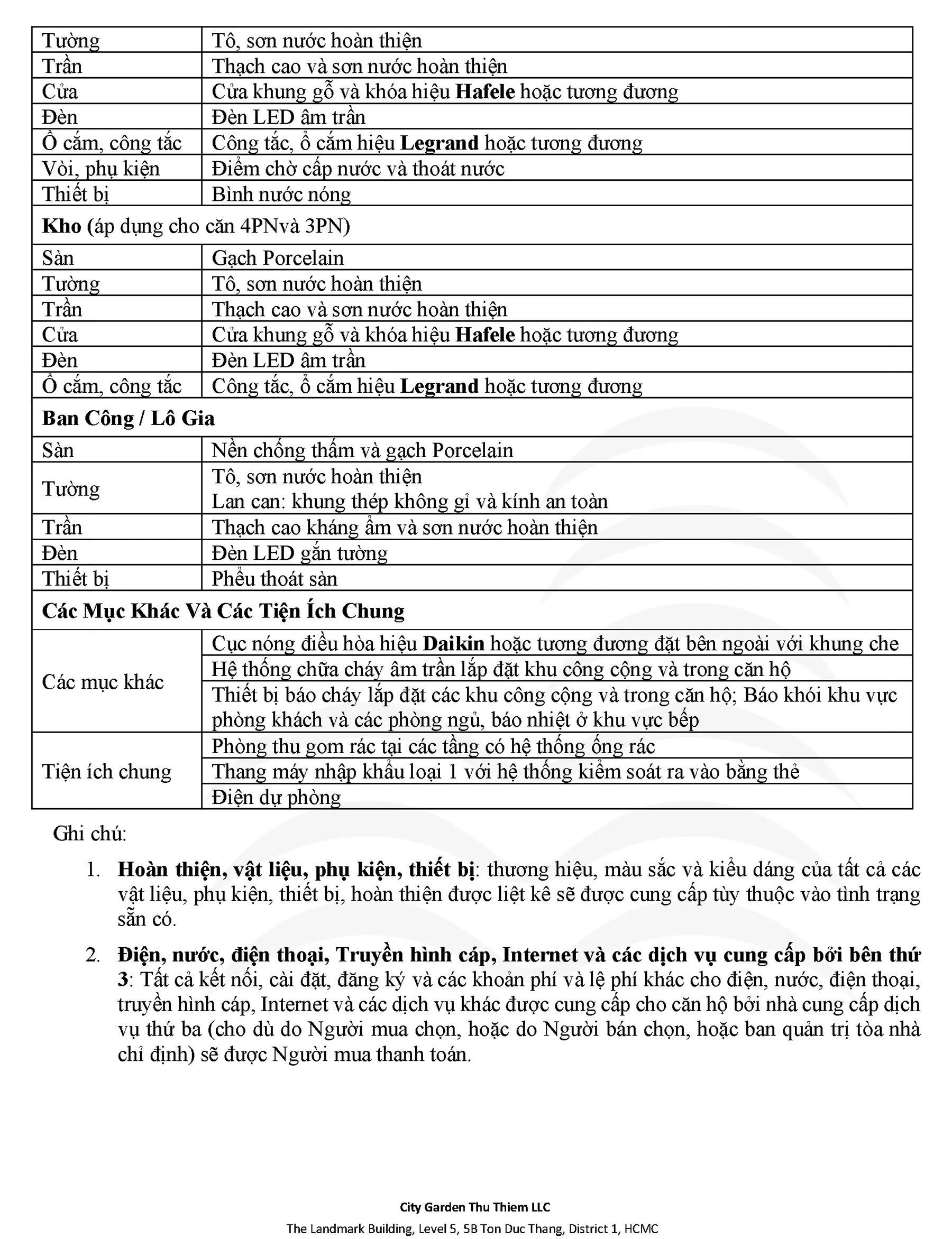 Bảng mô tả Vật liệu và Thiết bị hoàn thiện bên trong căn hộ The River Thủ Thiêm - Trang 3