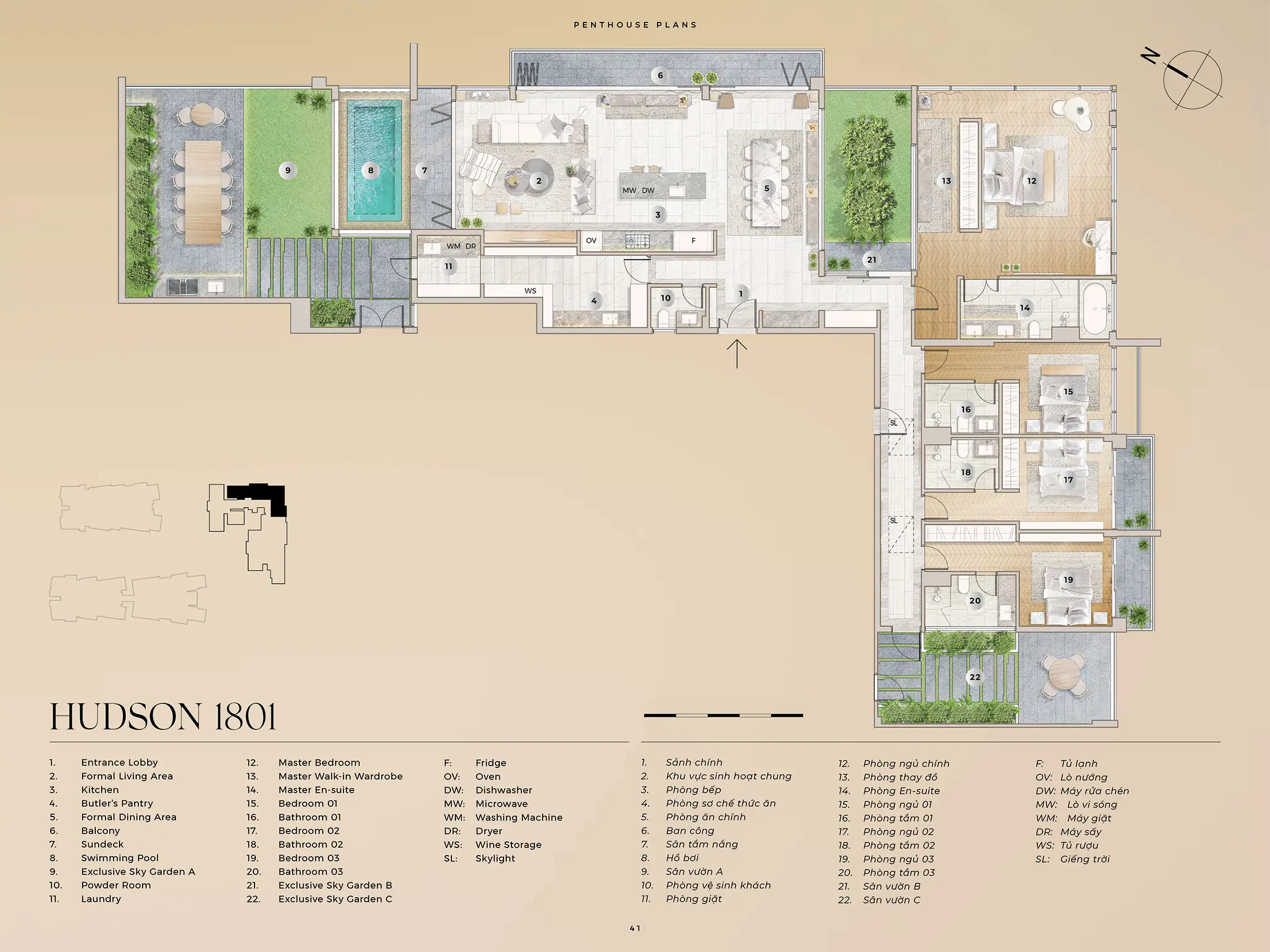 Layout căn hộ Penthouse HUDSON 1801, Diện tích 316,47m2 và Sân Vườn A 63,04m2 và Sân Vườn B 19,37m2 và Sân Vườn C 26,73m2 dự án The River Thủ Thiêm