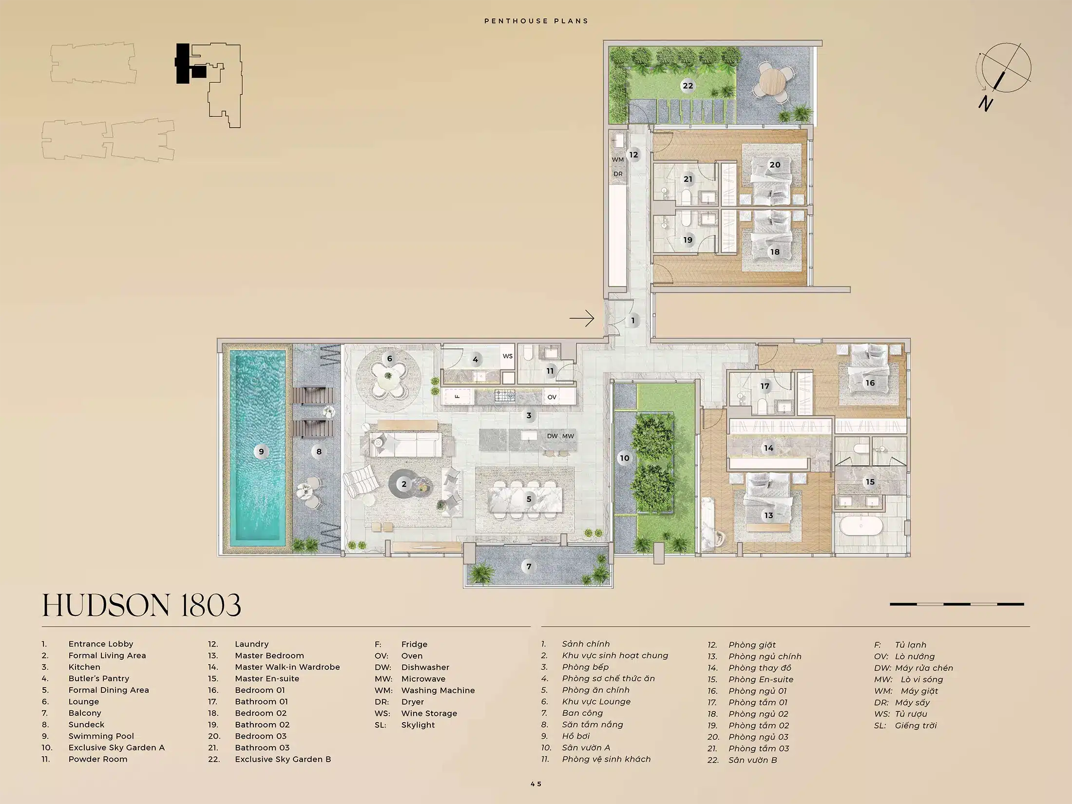 Layout căn hộ Penthouse HUDSON 1803, Diện tích 310,49m2 và Sân Vườn A 23,72m2 và Sân Vườn B 27,76m2 dự án The River Thủ Thiêm