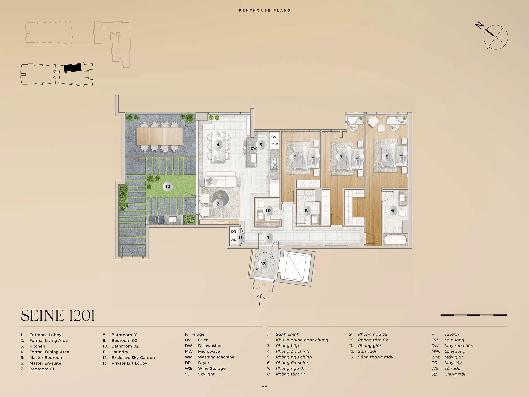 Layout căn hộ Penthouse SEINE 1201, Diện tích 158,98m2 và Sân Vườn 51,65m2 dự án The River Thủ Thiêm