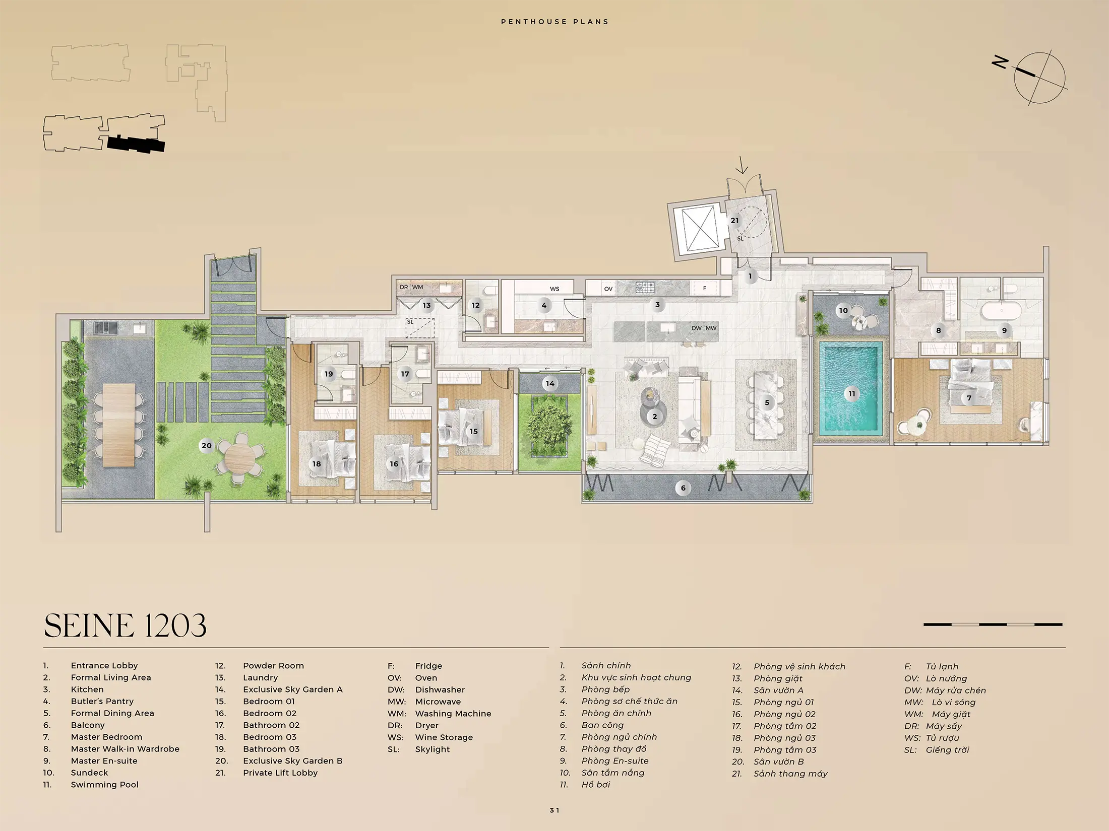 Layout căn hộ Penthouse SEINE 1203, Diện tích 312,71m2 và Sân Vườn A 12,67m2 và Sân Vườn B 88,56m2 dự án The River Thủ Thiêm