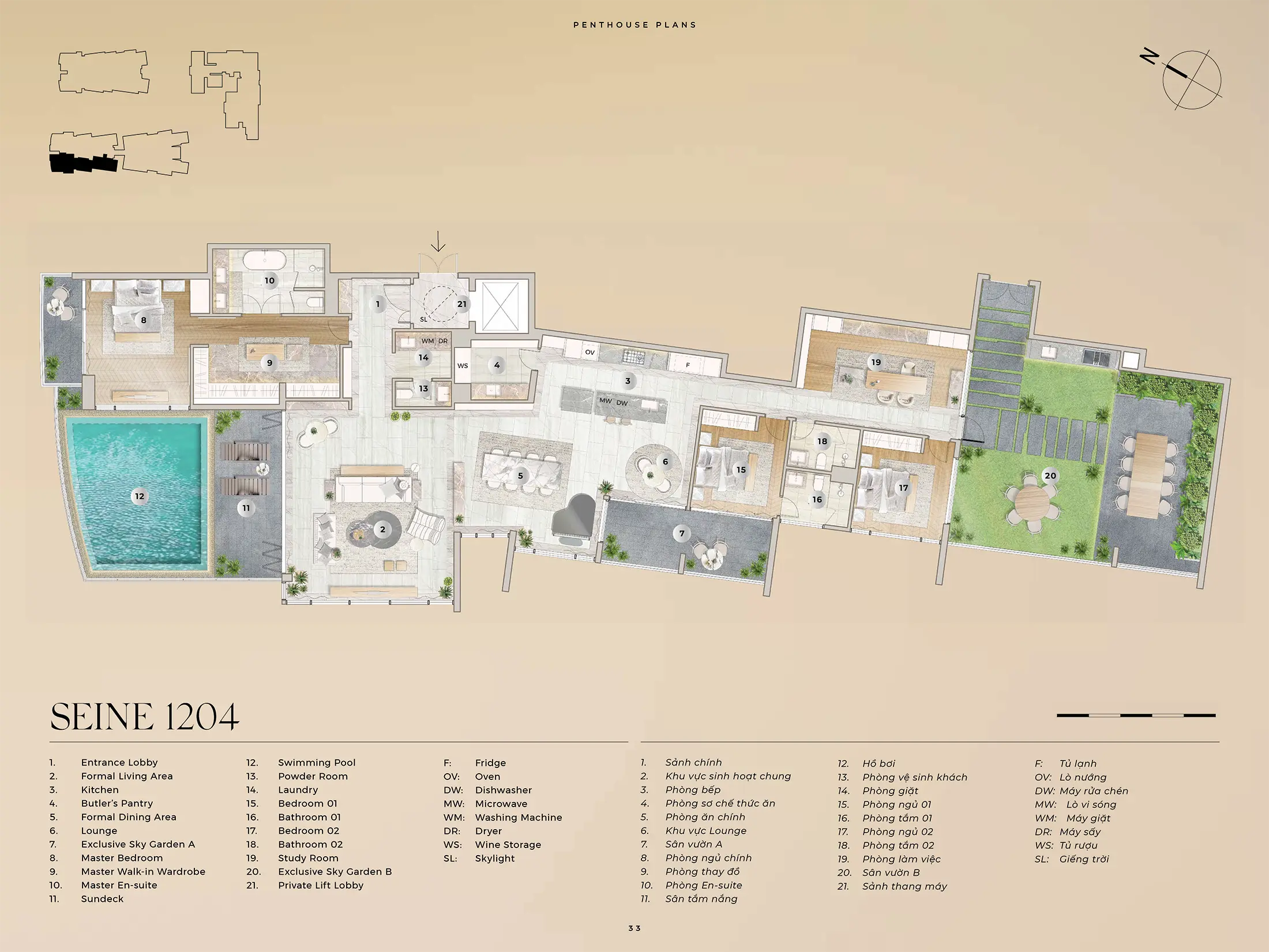 Layout căn hộ Penthouse SEINE 1204, Diện tích 360,17m2 và Sân Vườn A 15,43m2 và Sân Vườn B 84,62m2 dự án The River Thủ Thiêm