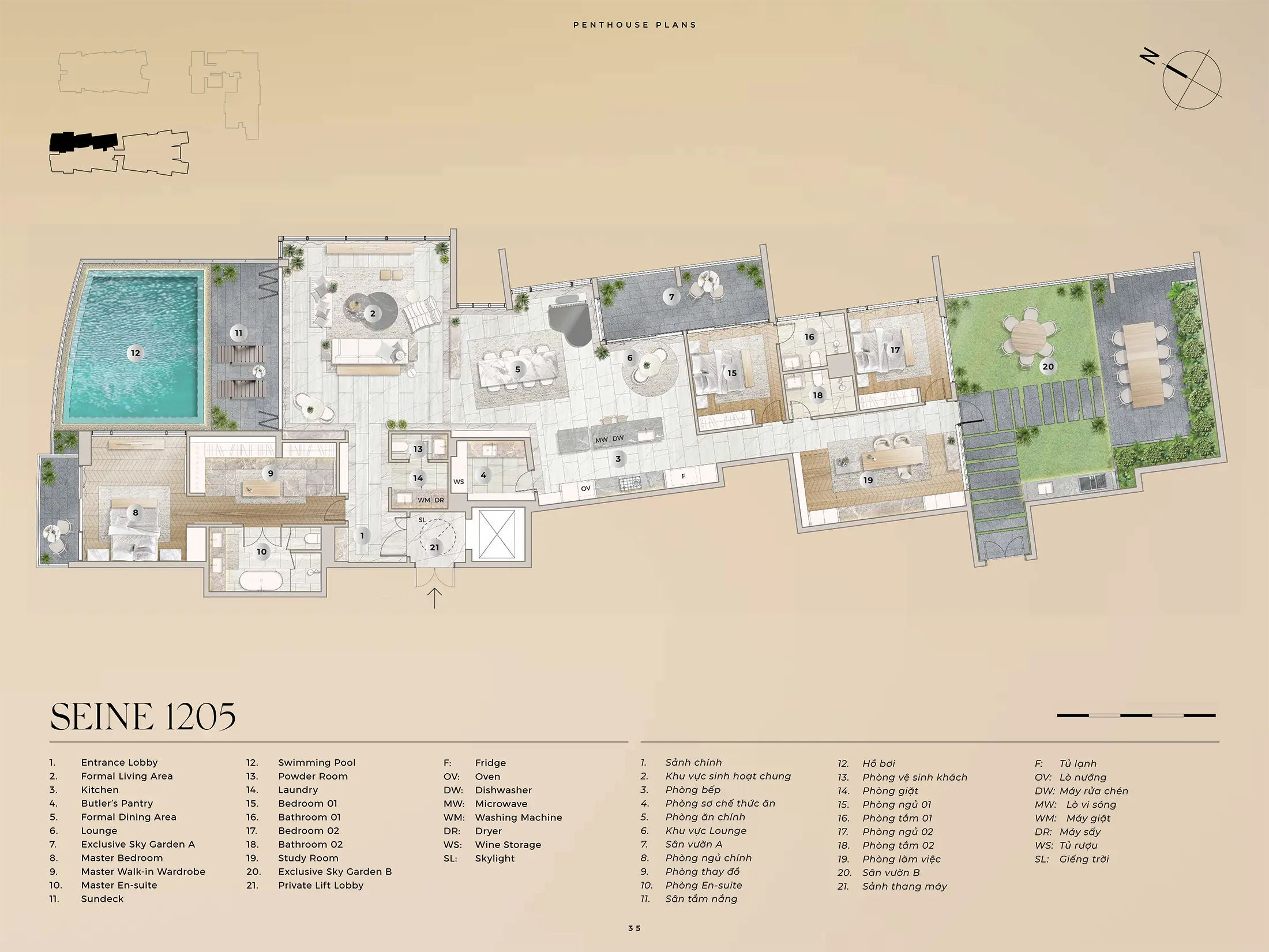Layout căn hộ Penthouse SEINE 1205, Diện tích 360,17m2 và Sân Vườn A 15,43m2 và Sân Vườn B 84,62m2 dự án The River Thủ Thiêm
