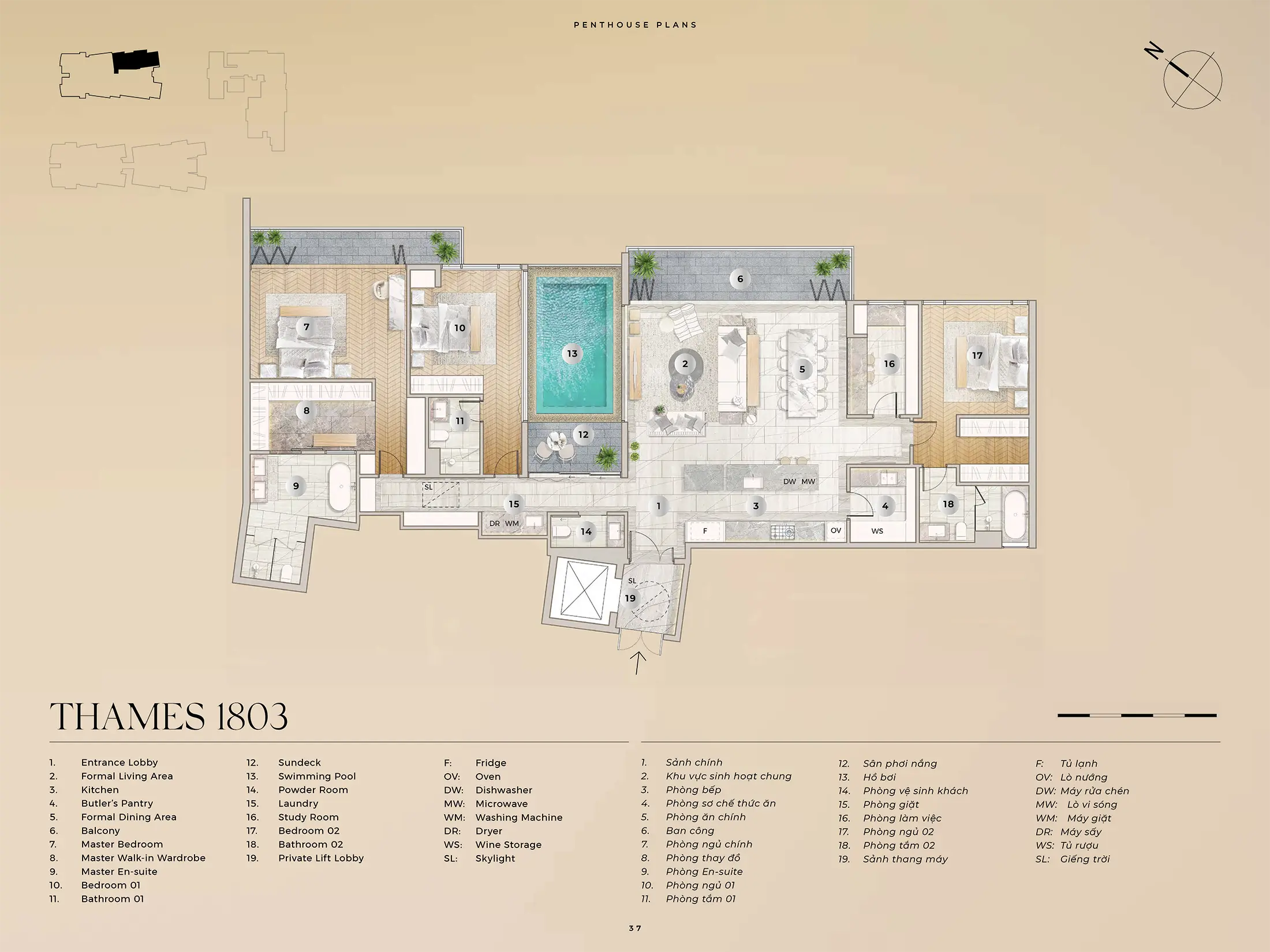 Layout căn hộ Penthouse THAMES 1803, Diện tích 291,75m2 dự án The River Thủ Thiêm