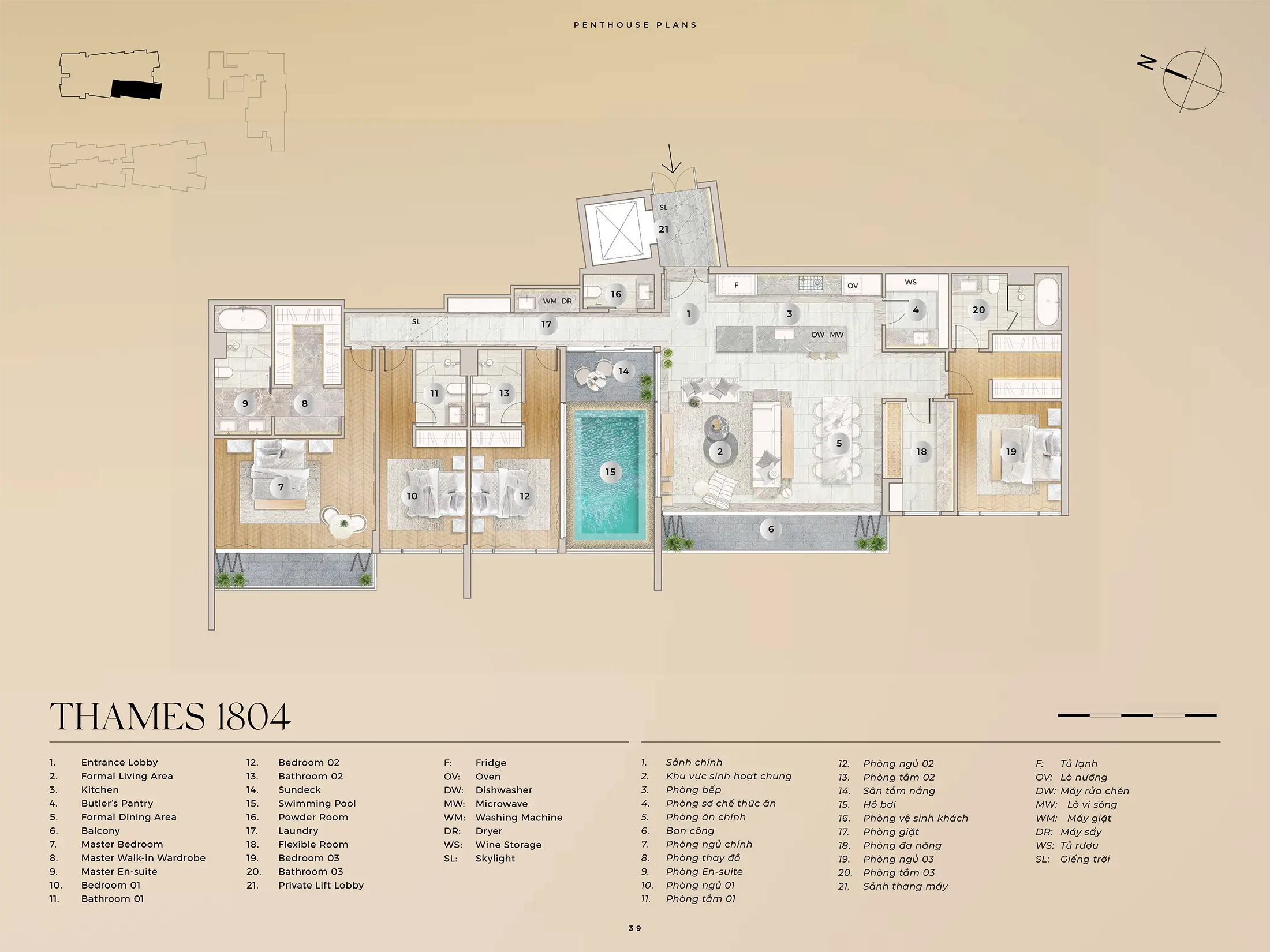 Layout căn hộ Penthouse THAMES 1804, Diện tích 297,52m2 dự án The River Thủ Thiêm