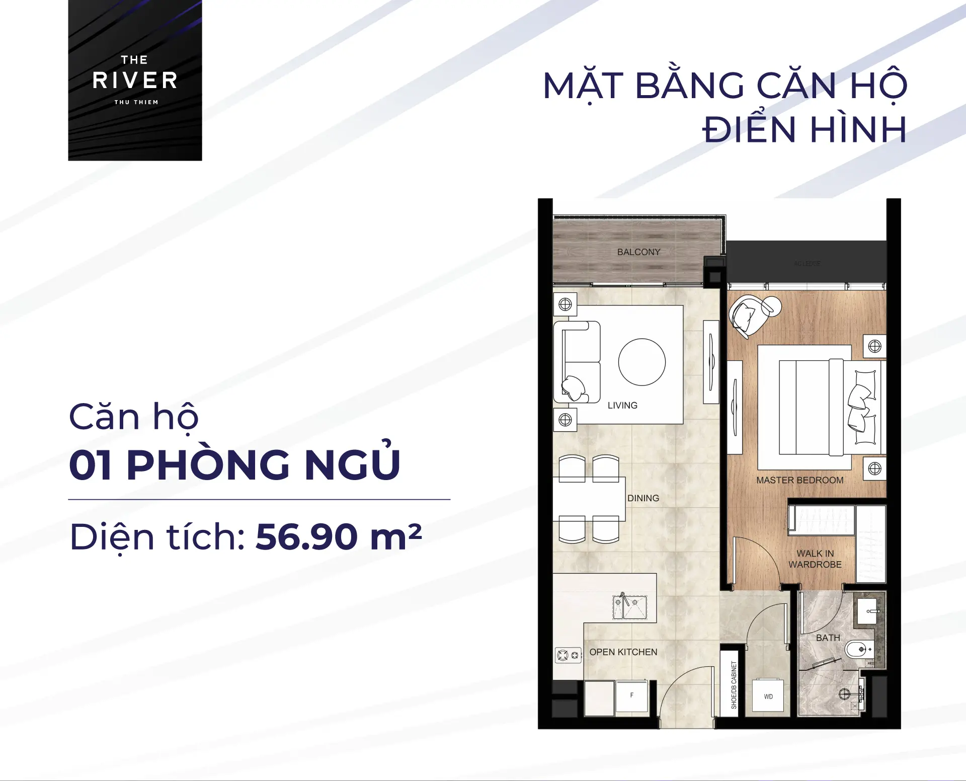 Layout điển hình căn hộ 1 Phòng Ngủ tại dự án căn hộ The River Thủ Thiêm