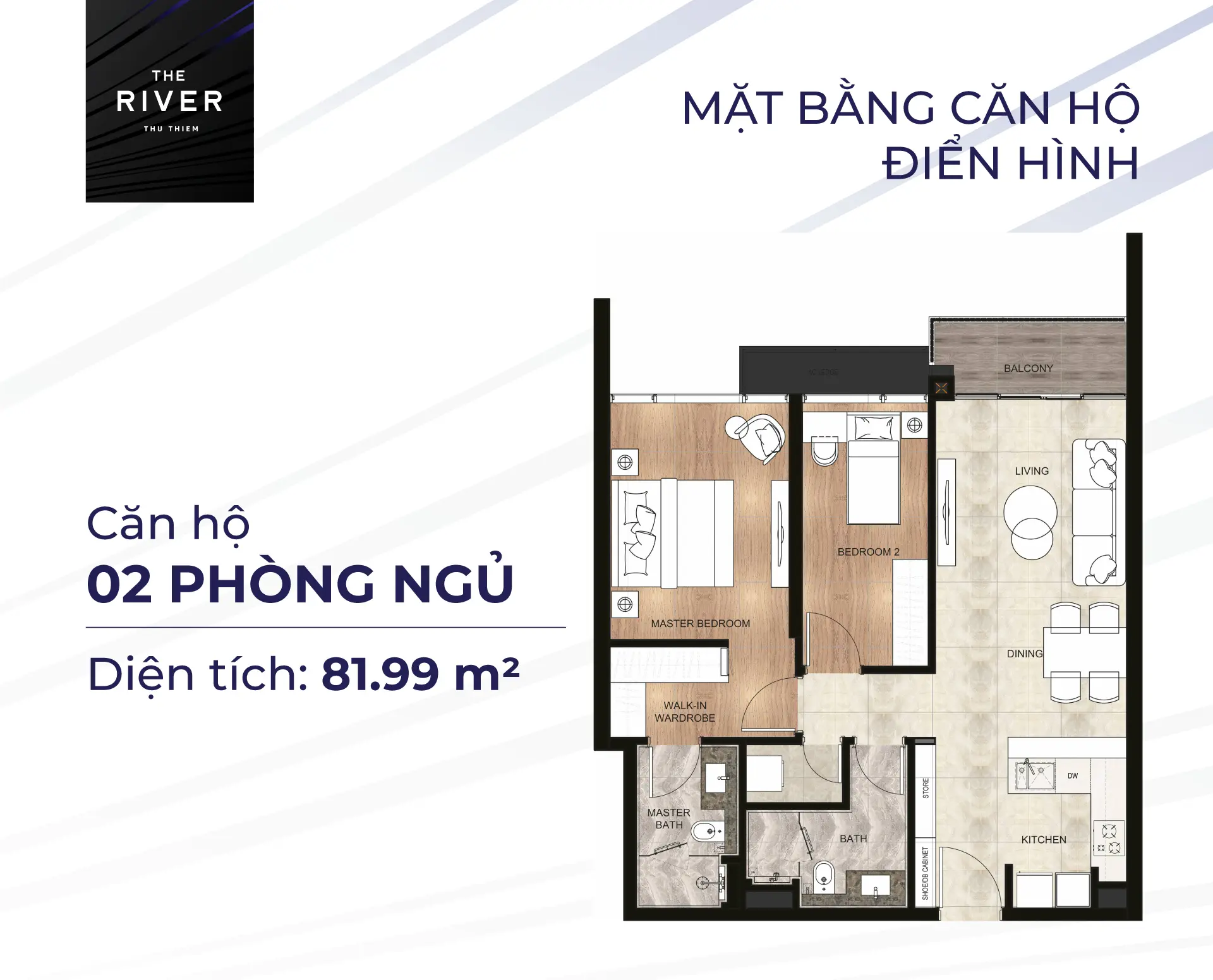 Layout điển hình căn hộ 2 Phòng Ngủ tại dự án căn hộ The River Thủ Thiêm