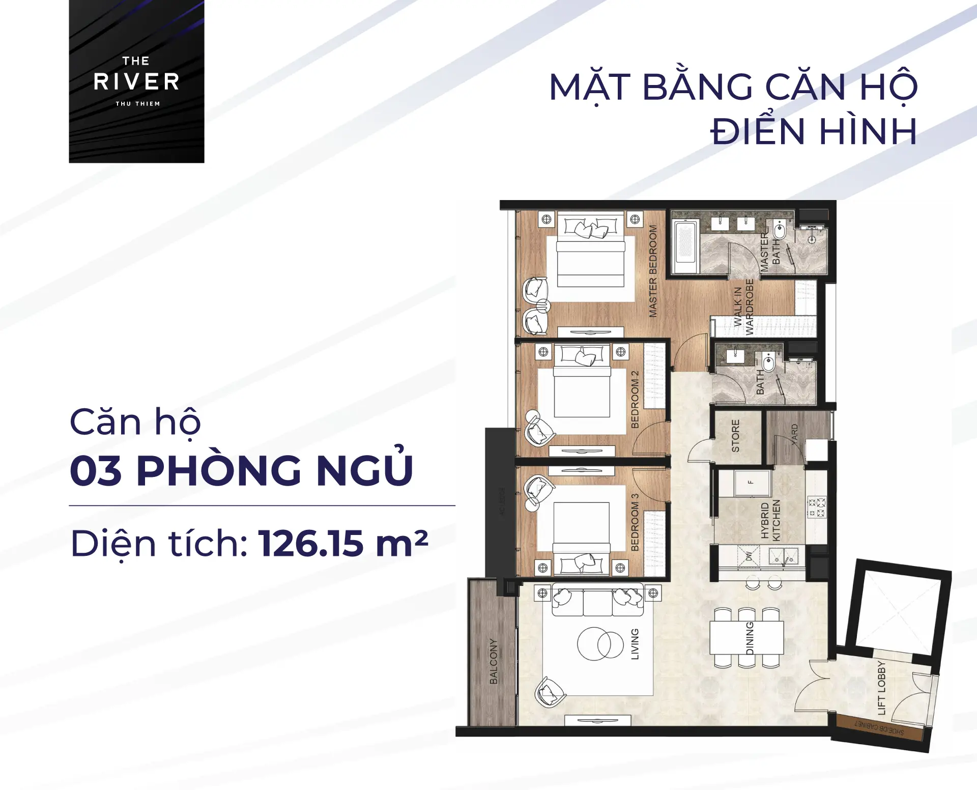 Layout điển hình căn hộ 3 Phòng Ngủ tại dự án căn hộ The River Thủ Thiêm