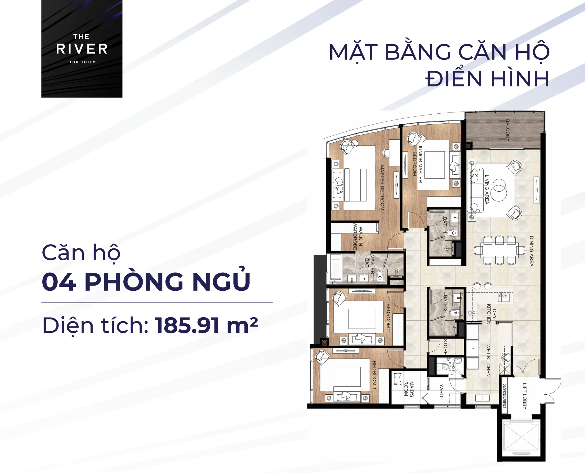 Layout điển hình căn hộ 4 Phòng Ngủ tại dự án căn hộ The River Thủ Thiêm