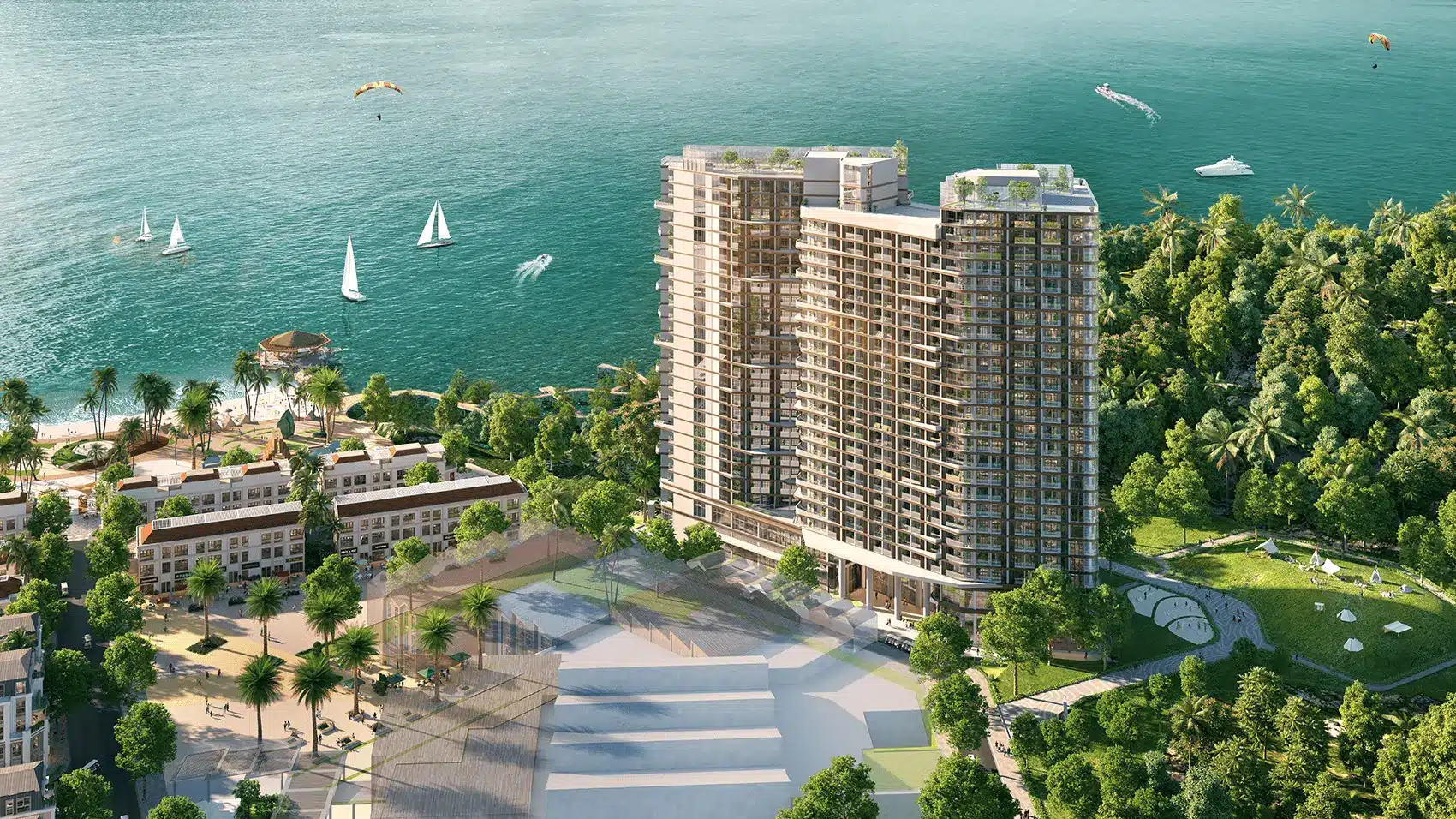 Khu du lịch Xanh Island Cát Bà với kiến trúc hiện đại và cảnh quan xanh mát ven biển.
