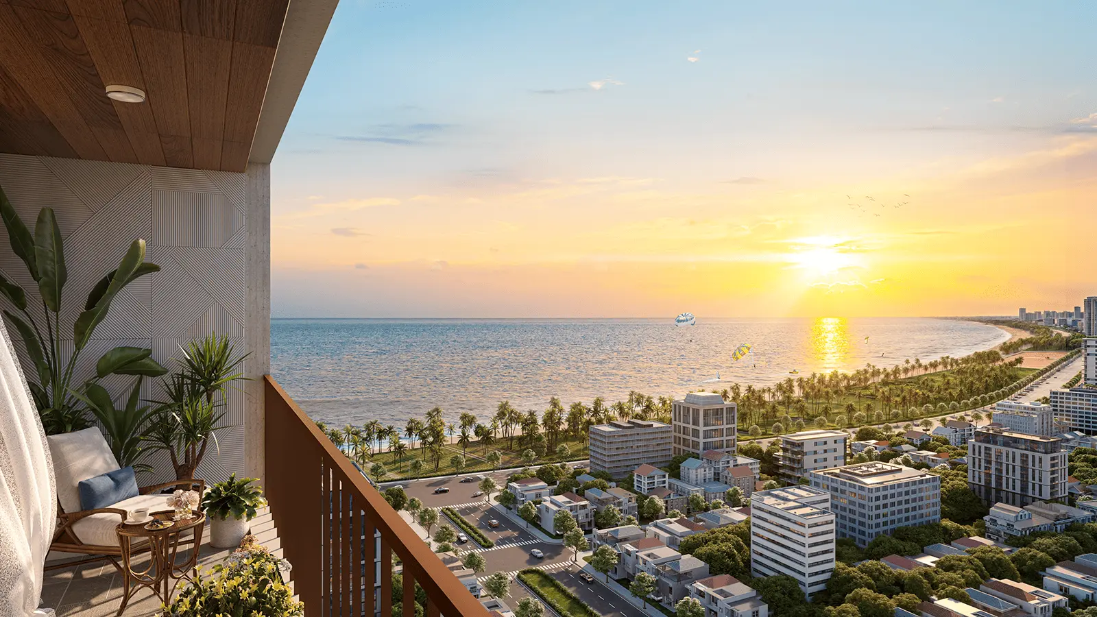 Sun Costa Residences Đà Nẵng mang đến tầm nhìn tuyệt đẹp ra bãi biển Mỹ Khê và thành phố từ ban công căn hộ.