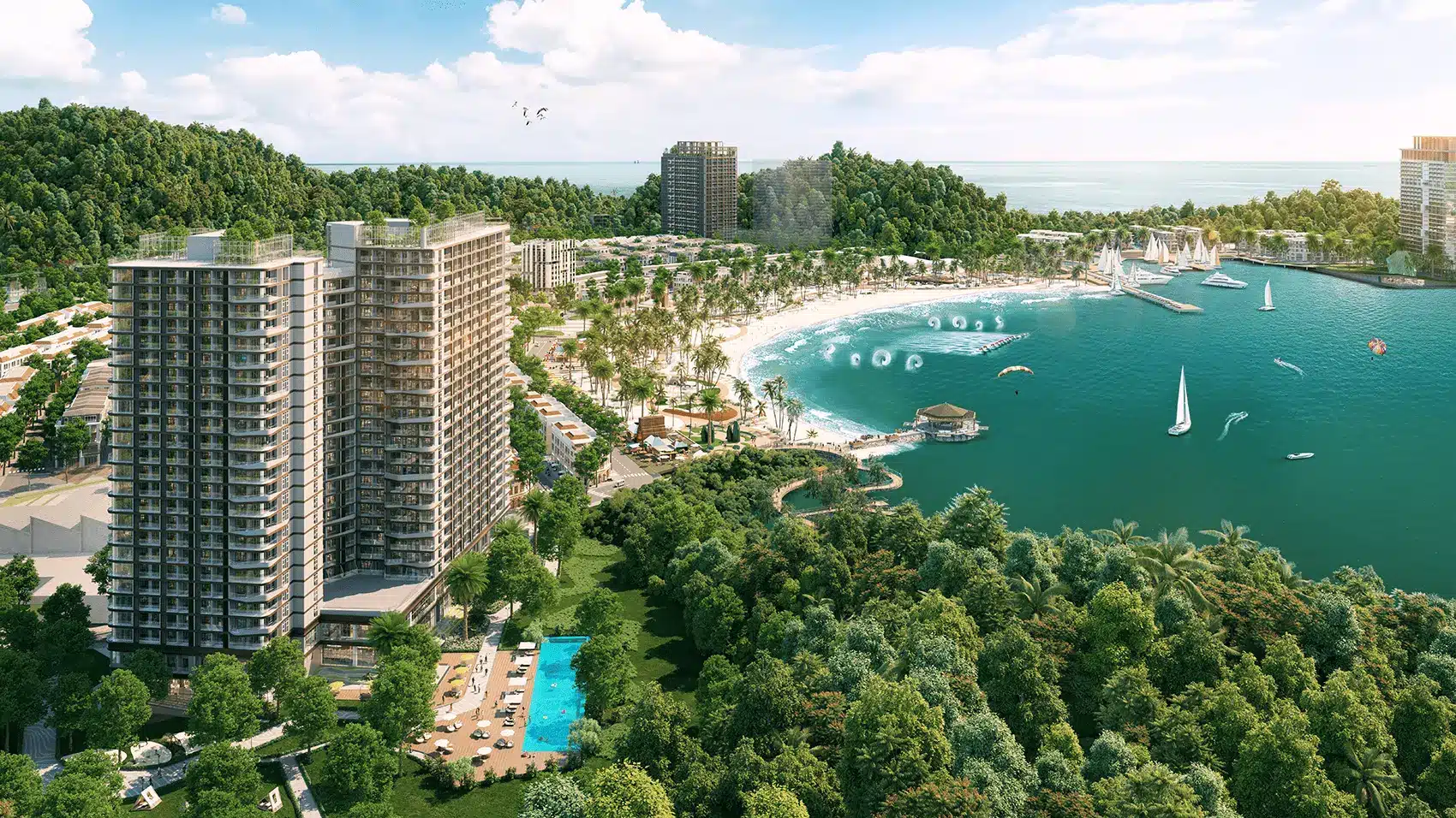 Toàn cảnh dự án Xanh Island Cát Bà với tổ hợp cư dân và bãi tắm nhân tạo đẹp mắt.